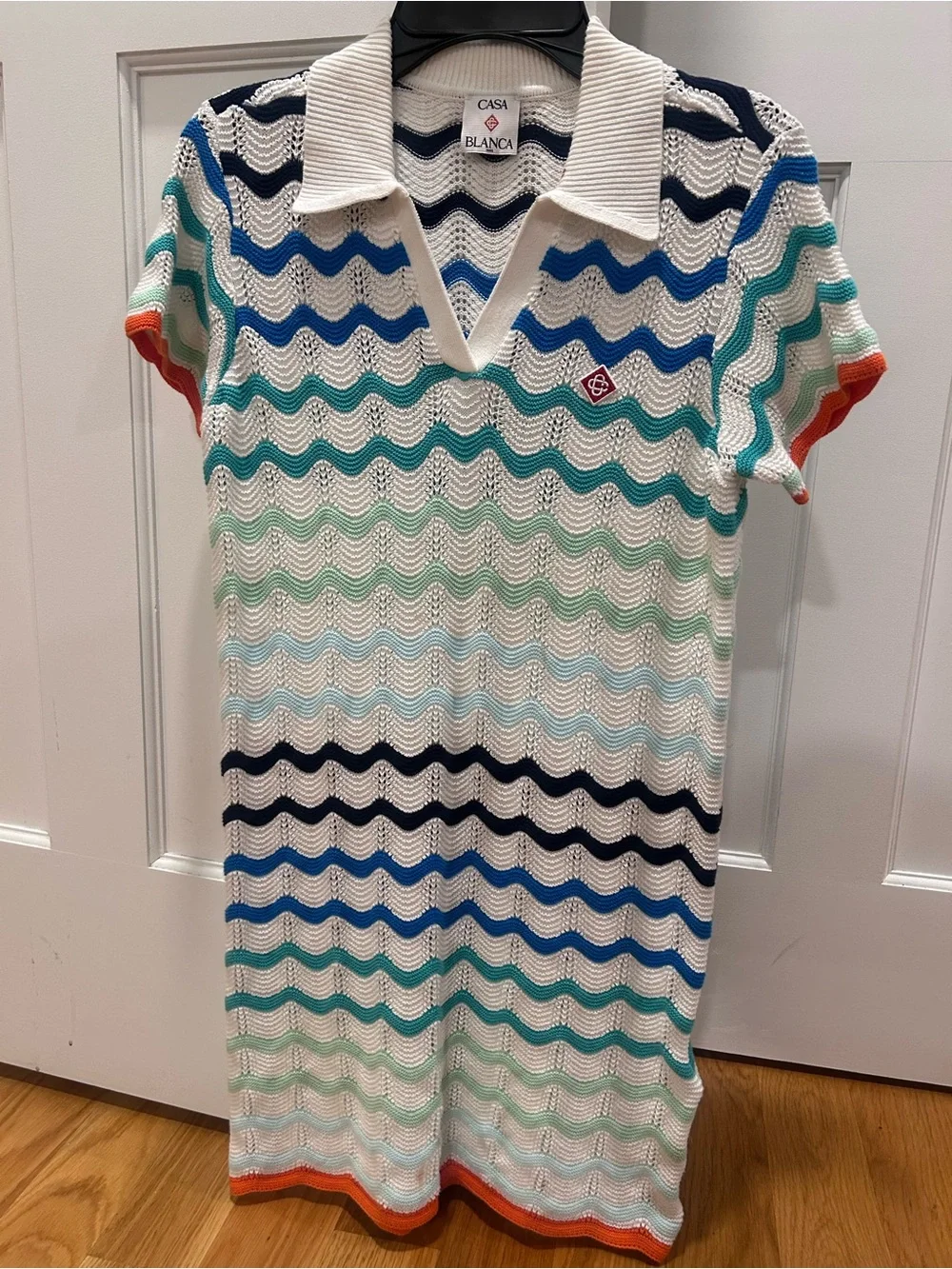 Casa Blanca Kids' White Wave-Knit Polo Dress with Multicolor Stripes